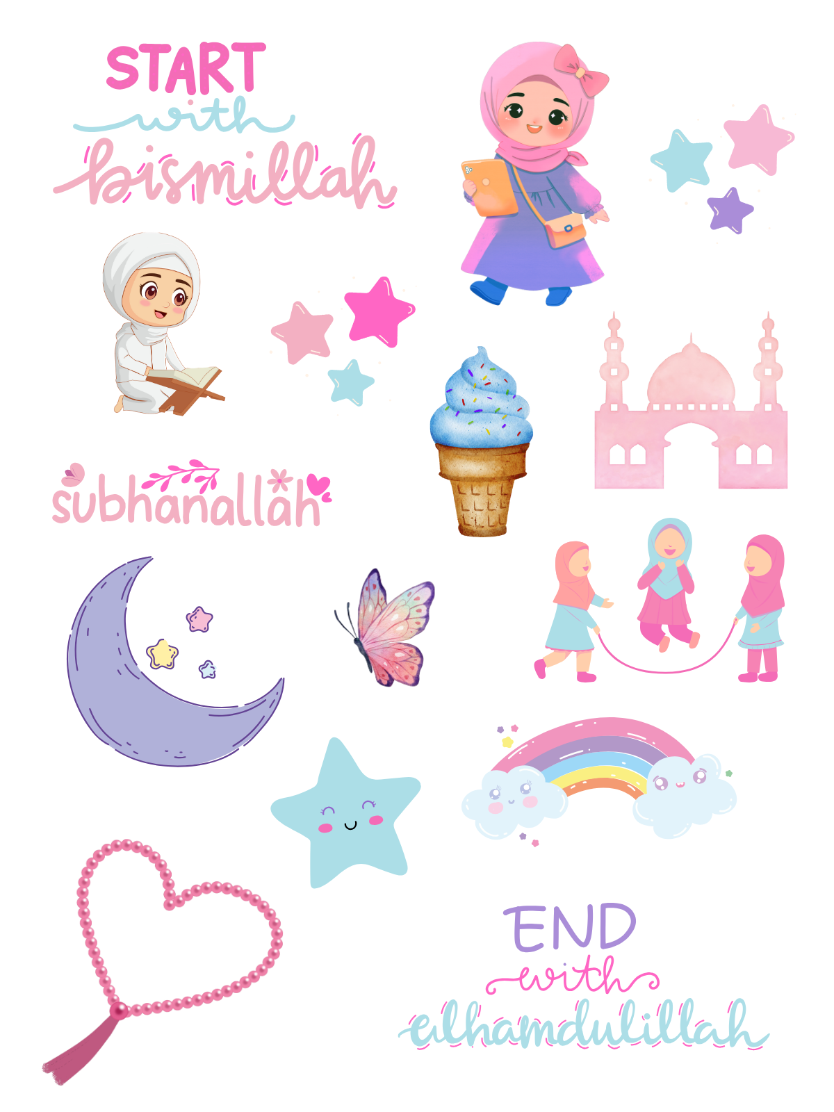 Start with Bismillah Girls Lunchbox Stickers - Set of 3 sheets